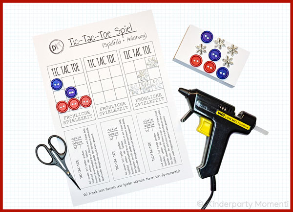 A4 Download Vorlage für Tic Tac Toe Spiel, Schere, Klebepistole, Knöpfe und große Streichholzschachtel