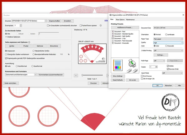 Screenshot der Druckereinstellungen für das Ausdrucken der Mini Schultüten Vorlage