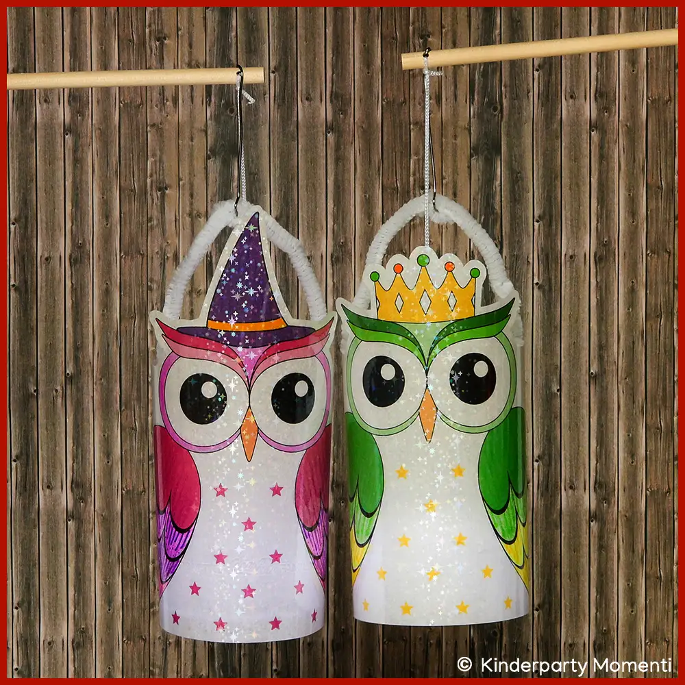 Zwei bunte selber gestaltete Eulenlaternen mit großen Augen, eine lila-pink mit glitzerndem Hut, die andere grün mit gelber Krone, hängen vor einer Holzlattenwand.