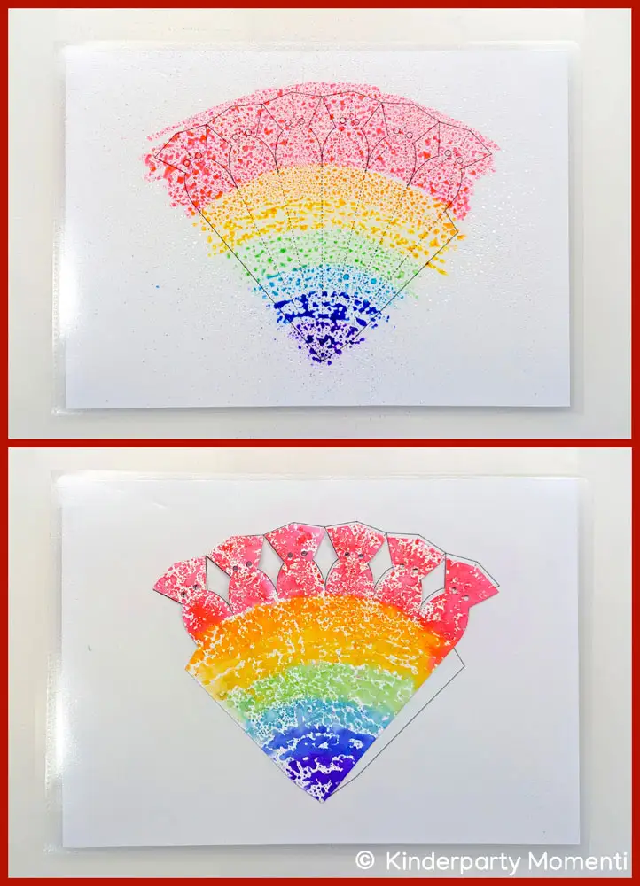 Kleine Regenbogen-Zuckertüte basteln 03-04 Bild zeigt Schritt 03-04 wie man eine Mini Schultüten Vorlage mit Regenbognmuster gestalten kann.