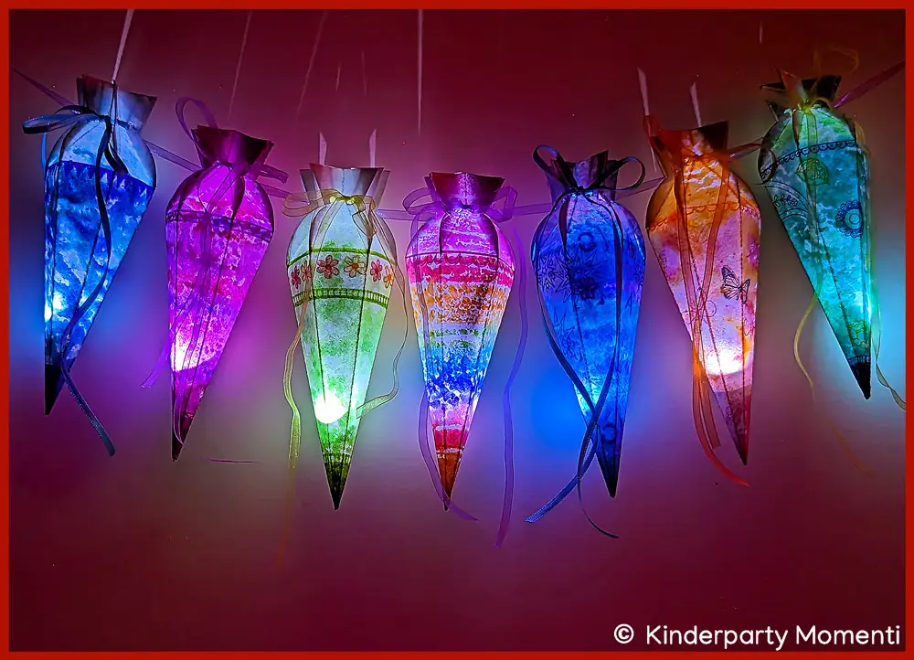 Minischultüten Girlande mit Ballonlichtern Ballonlichter lassen die DIY Schultüten Girlande leuchten.