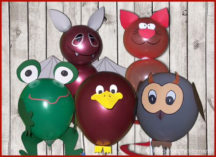 Selbst gebastelte Luftballontiere - Frosch, Vogel, Eule, Fledermaus und Katze