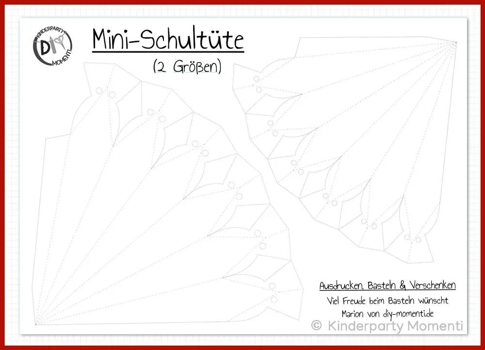 PDF Mini Schultüten Vorlagen zum Ausdrucken Screenshot einer A4 PDF Vorlage zum Basteln von einer Minischultüten.