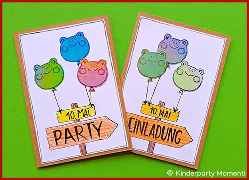 Zwei Einladungskarten mit Froschballons in verschiedenen Farben und Holzschildern mit den Aufschriften '10. Mai PARTY' und '10. Mai EINLADUNG'
