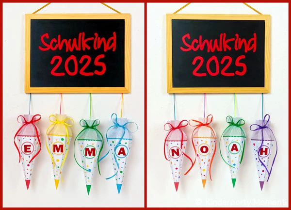 Zwei Tafeln mit der Aufschrift Schulkind 2025. Daran hängen kleine Schultüten mit Kindernamen