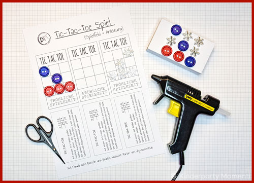 A4 Download Vorlage für Tic Tac Toe Spiel, Schere, Klebepistole, Knöpfe und große Streichholzschachtel