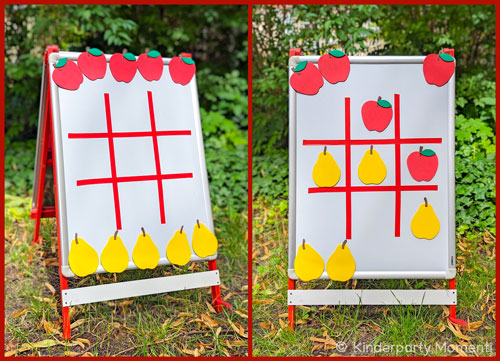 Zwei Bilder zeigen ein XXL Tic Tac Toe mit Äpfeln und Birnen als Spielsteinen