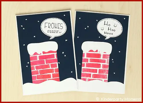 Zwei DIY Weihnachtskarten mit roten Schornsteinen, weißem Schnee und Sprechblasen mit den Texten 'FROHES FEEEST' und 'Ho Ü Hoo Hooo' vor dunkelblauem Nachthimmel mit Sternen.