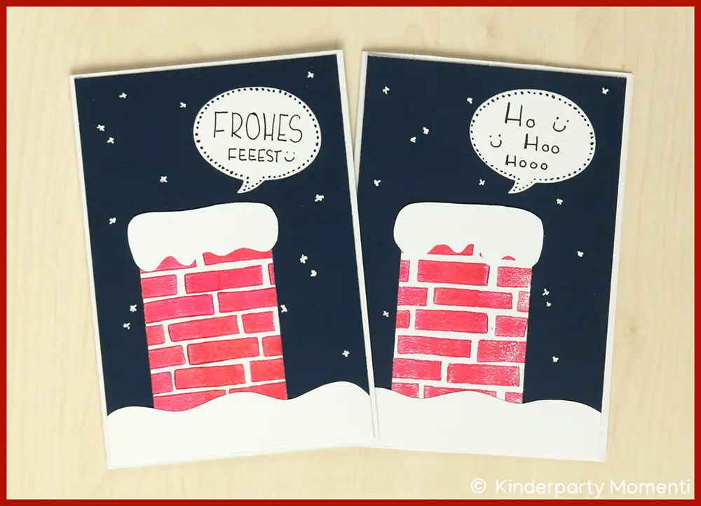Zwei DIY Weihnachtskarten mit roten Schornsteinen, weißem Schnee und Sprechblasen mit den Texten 'FROHES FEEEST' und 'Ho Ü Hoo Hooo' vor dunkelblauem Nachthimmel mit Sternen.