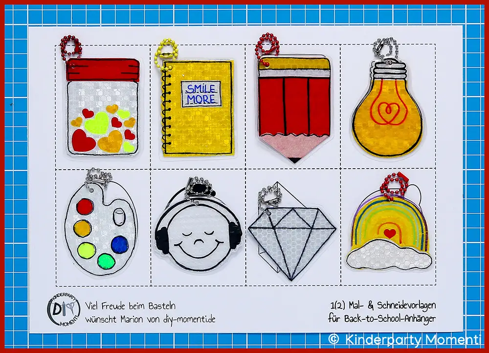 Malvorlage für acht reflektierende Reflektor Anhänger Acht bunte reflektierende Schulranzen Anhänger in Form von Einmachglas mit Sternen, Notizbuch mit Aufschrift 'SMILE MORE', Bleistift, Glühbirne, Farbpalette, lachendes Gesicht mit Kopfhörern, Diamant und Regenbogen mit Wolke auf kariertem Hintergrund.