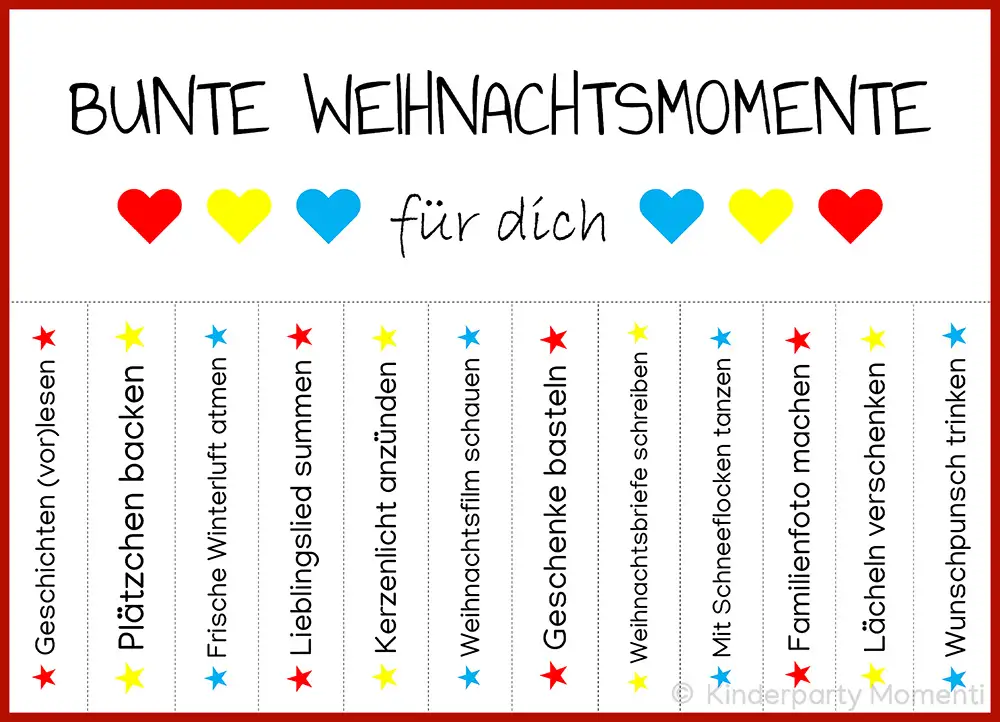 Abreißzettel Vorlage mit bunten Sternen und Text zu Weihnachtsaktivitäten wie Plätzchen backen, Kerzen anzünden und Wunschpunsch trinken.