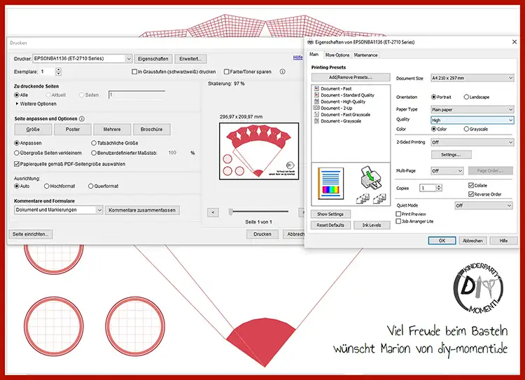 01 - Anleitung kleine Schultüten basteln - Vorlagen ausdrucken Screenshot der Druckereinstellungen für das Ausdrucken der Mini Schultüten Vorlage.