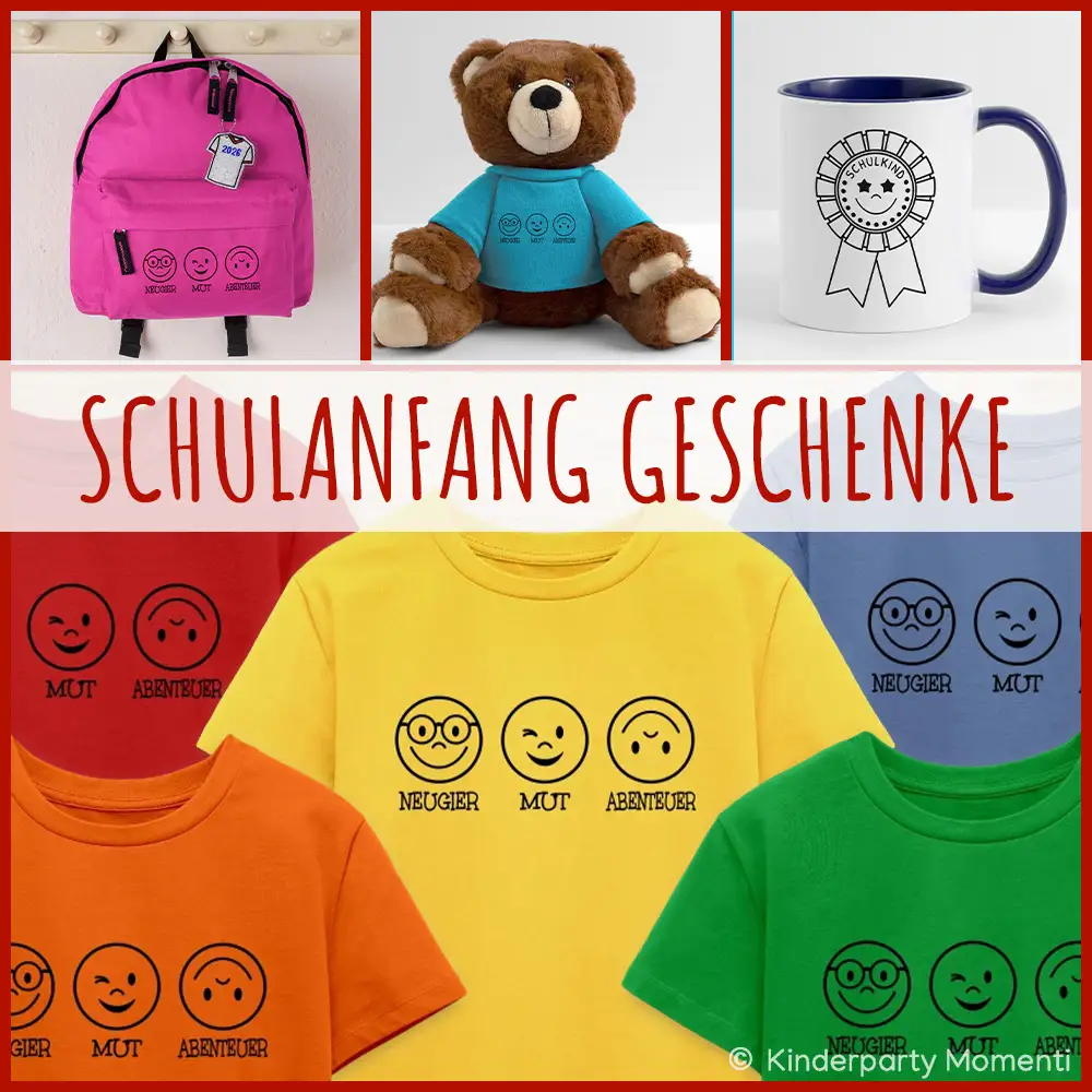 Geschenkideen zum Schulanfang für Erstklässler und Geschwisterkinder Rosa Rucksack, brauner Teddybär mit blauem Pullover, weiße Tasse mit Aufdruck, bunte T-Shirts mit lachenden, nachdenklichen und abenteuerlichen Gesichtern und den Worten 'Neugier', 'Mut', 'Abenteuer' als Schulanfang Geschenke