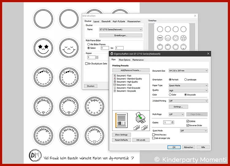 Schwarz-weiße Vorlagen mit verschiedenen runden Button-Designs und zwei geöffneten Druckereinstellungen-Fenstern auf weißem Hintergrund