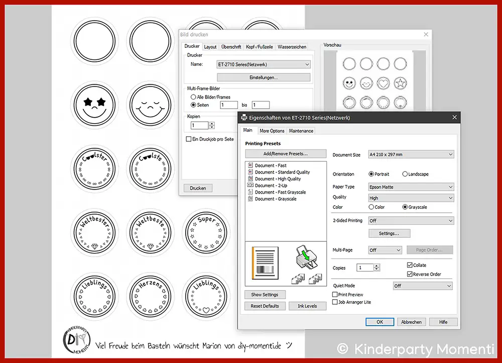 Schwarz-weiße Vorlagen mit verschiedenen runden Button-Designs und zwei geöffneten Druckereinstellungen-Fenstern auf weißem Hintergrund