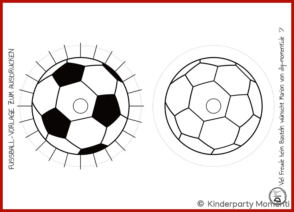 Ausdruckbare Vorlagen für DIY Fußball Spielzeug Kreisel & Jojos Schwarz-weiße Linienzeichnung zweier Fußballvorlagen mit Mittelloch und Strahlenlinien zum Ausschneiden
