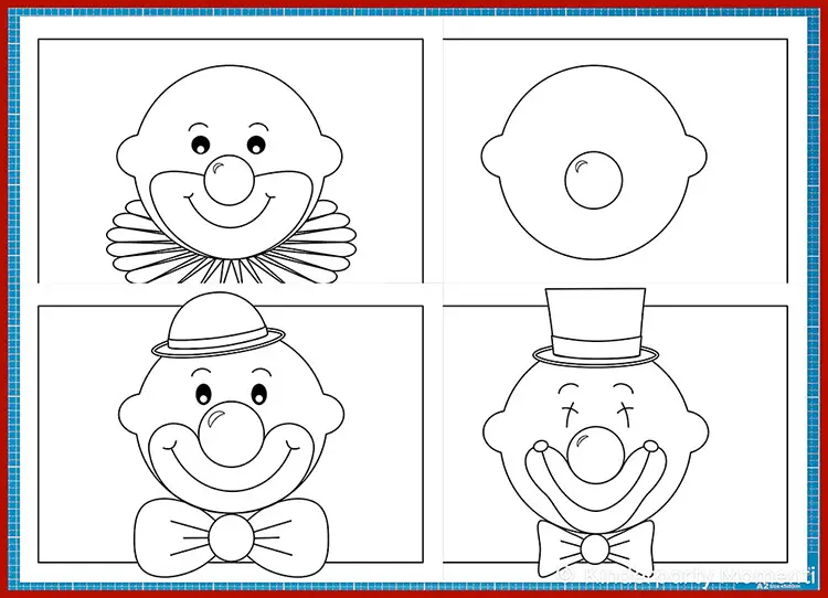 Vier Ausmalbilder mit Clown Gesichtern ohne Haare und unterschiedlichen Hüten, Schleifen und Kragen.