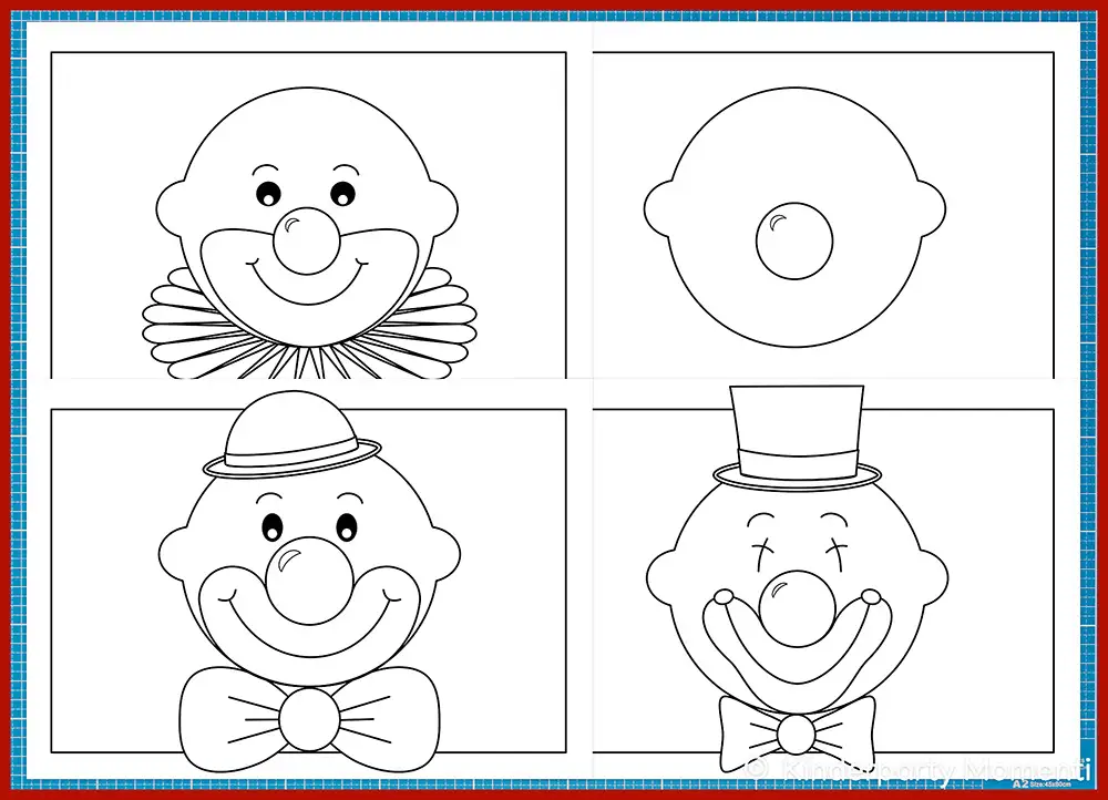 Vier Ausmalbilder mit Clown Gesichtern ohne Haare und unterschiedlichen Hüten, Schleifen und Kragen.