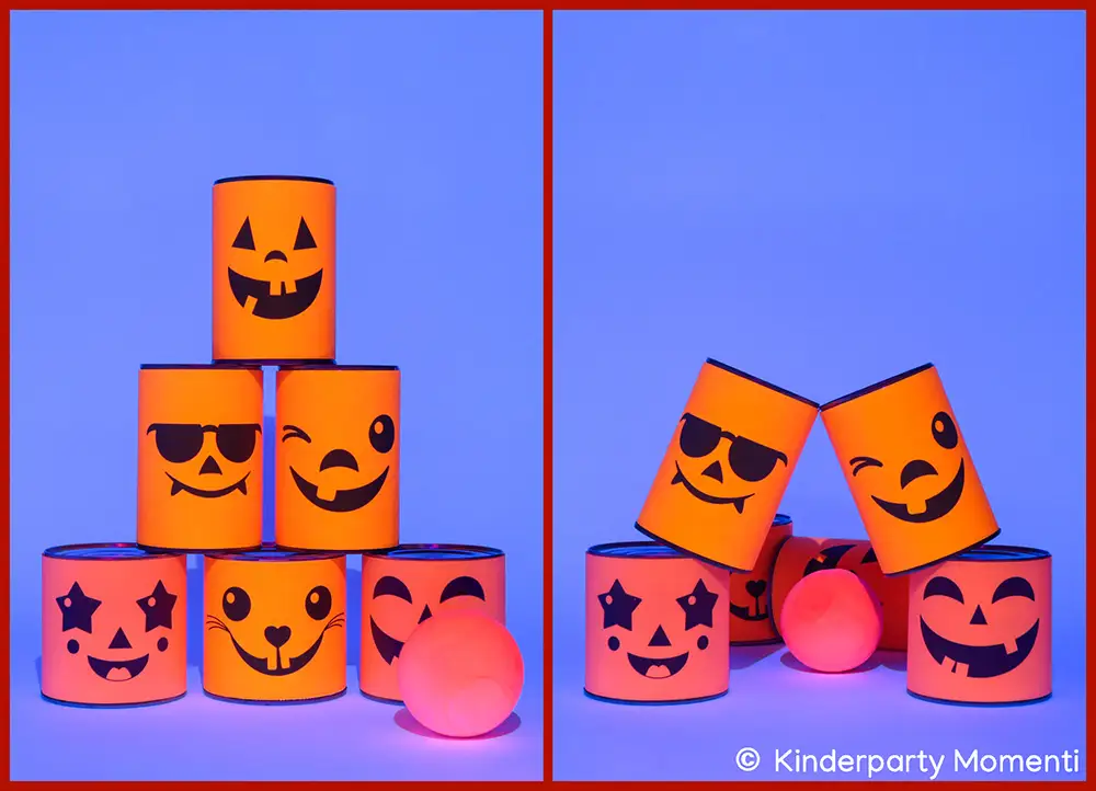 Ideen für Kindergeburtstag im Herbst - DIY Dosenwerfen Spiel im Schwarzlicht Collage aus zwei Bilden: DIY Dosenwerfen Spiel aus sechs Dosen mit Kürbisgesichtern auf Neon-Papier daneben ein im Schwarzlicht leuchtender neonroter Ball. Bild 1: Dosen-Pyramide steht. Bild 2: Dosen teilweise umgefallen