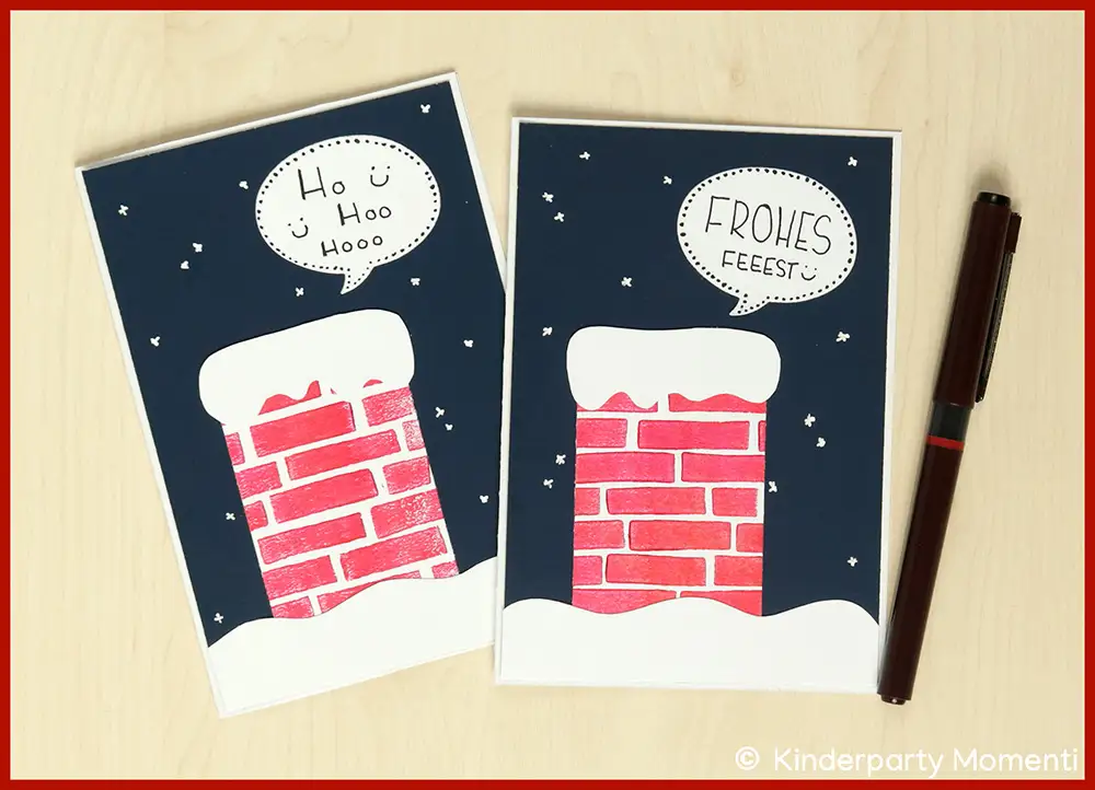 Zwei DIY Weihnachtsgrußkarten mit roten Ziegelsteinen und weißem Schnee auf dunklem Hintergrund, Sprechblasen mit Texten 'Ho Ü Hoo Hooo' und 'FROHES FEEST'.