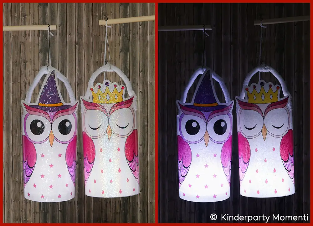 Zwei Bilder mit jeweils zwei rosa bemalte DIY  Eulenlaternen aus Papier vor einer Holzwand zeigen, links bei Tageslicht, rechts bei Dunkelheit beleuchtet.