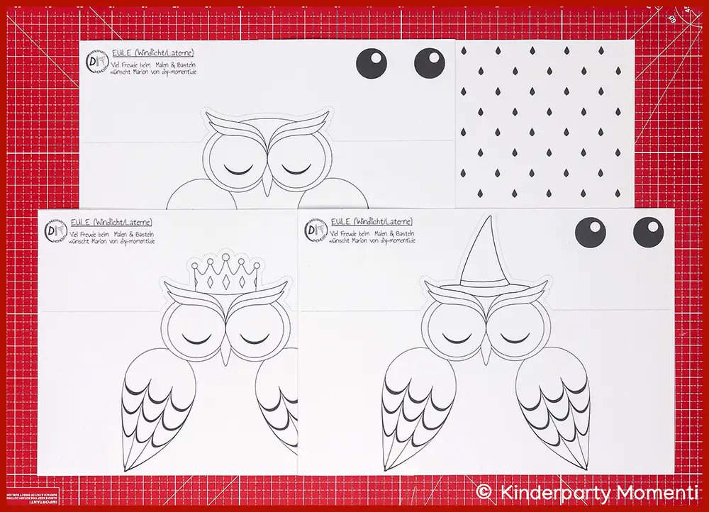 Ausdruckbare Vorlagen zum Basteln von Eulen Laternen mit verschiedenen Kopfbedeckungen und Mustern auf einer roten Bastelmatte