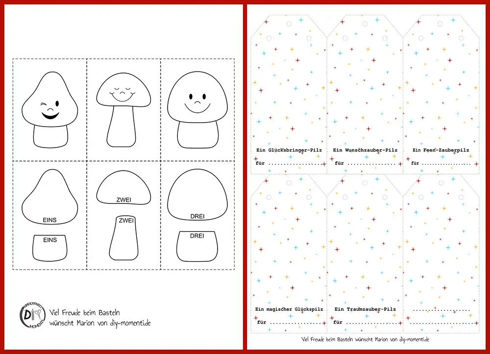 echs schwarz-weiße Fliegenpilz-Anhänger-Vorlagen mit verschiedenen Gesichtsausdrücken und Zahlen, daneben farbige Anhänger mit kleinen Sternen und Texten wie 'Ein Glücksbringer-Pilz für ...'.