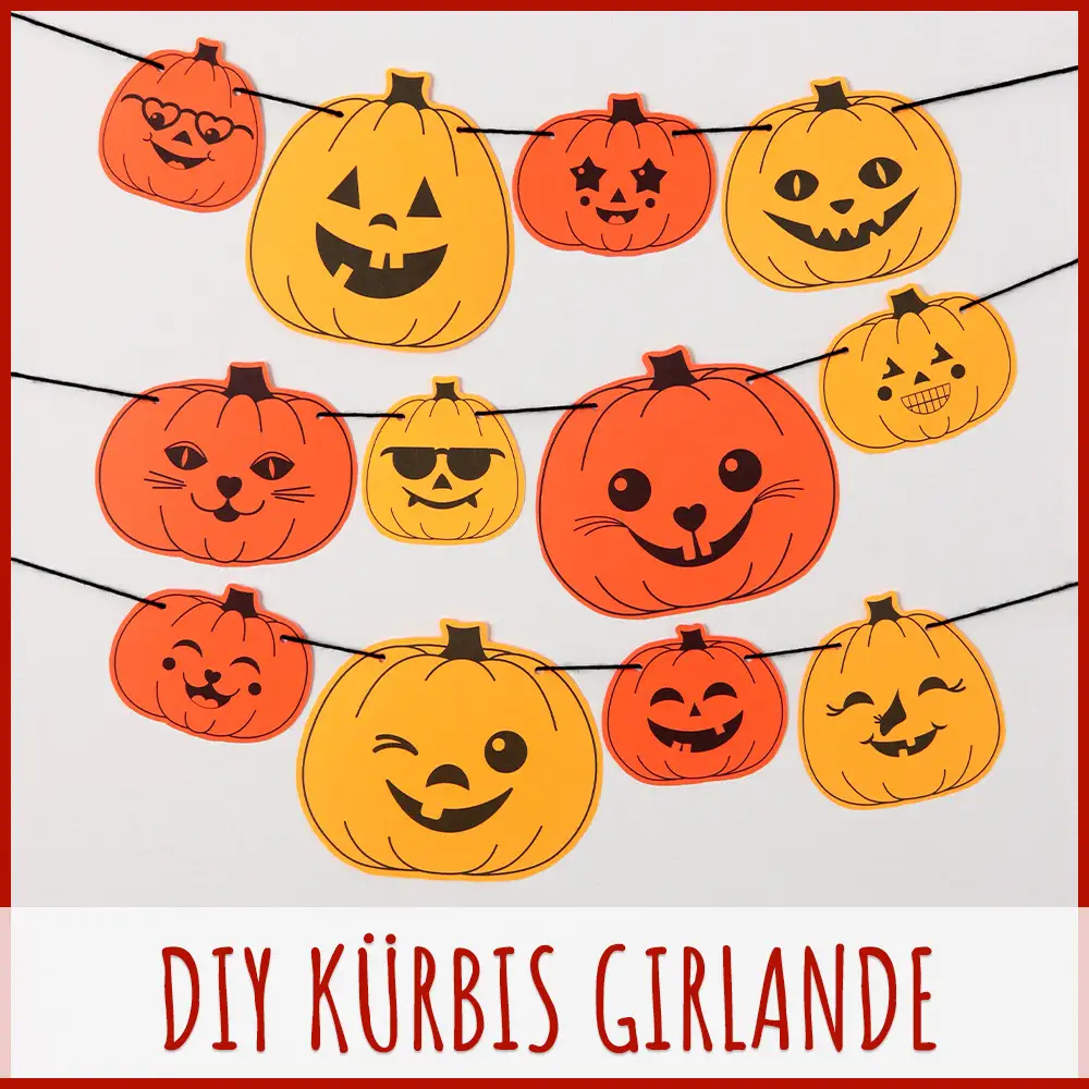 Ausdruckbare Vorlagen für Halloween Girlande mit fröhlichen Kürbisgesichtern Girlande aus Papierkürbissen in Orange und Gelb mit verschiedenen lachenden und zwinkernden Gesichtern, darunter Katze und Sonnenbrille, Text 'DIY KÜRBIS GIRLANDE'