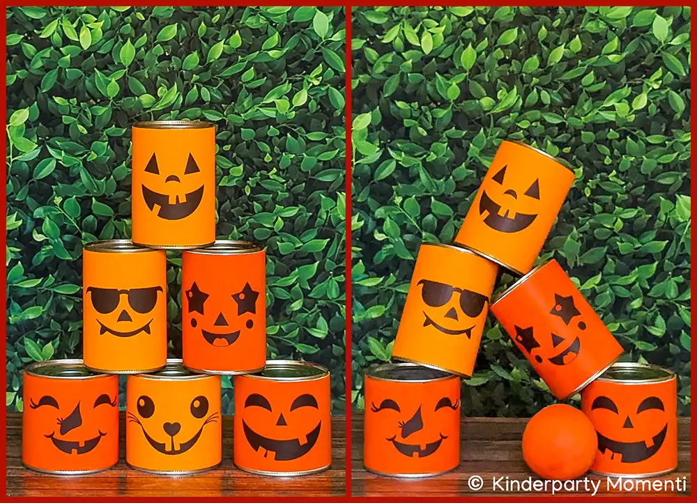 DIY Dosenwerfen aus orangefarbenen Dosen mit schwarzen Halloween Kürbisgesichtern, auf linkem Bild gestapelt, auf rechtem Bild teilweise umgefallen mit orangefarbenem Ball