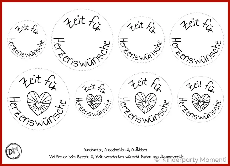 Runde Druckvorlagen für Herz-Sticker Glas Acht schwarz-weiße runde Sticker mit dem Schriftzug 'Zeit für Herzenswünsche' und einem Herz in der Mitte, das von Linien durchzogen ist