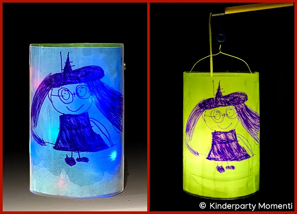 Selbstgebastelte Windlicht Laterne mit einer gemalten Kinderzeichnunge mit einer Hexe auf einem Besen mit Hut, Brille und Kleid.