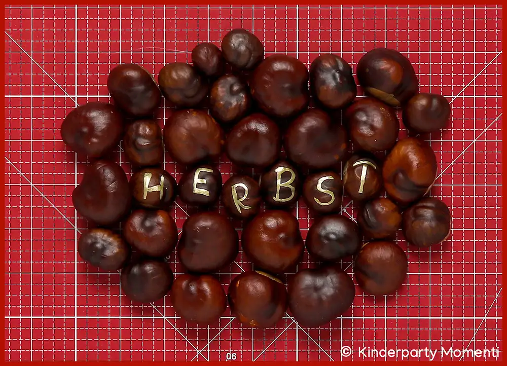 Kastanien liegen auf einer roten Schneidematte, in der Mitte sind sechs mit Buchstaben bemalt die das Wort 'HERBST' ergeben