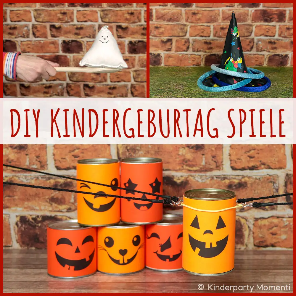 Selber gestaltete Kindergeburtstag Spiele für Halloween und Herbst Geburtstage Collage aus drei Bildern zum Thema - Text 'DIY KINDERGEBURTAG SPIELE', ein Eierlaufen Spiel mit einem kleinen Stoff-Gespenst, ein buntes Ringwurfspiele mit Hexenhut und eine Pyramiden-Stapel-Spiel mit Dosen mit Halloween-Gesichtern