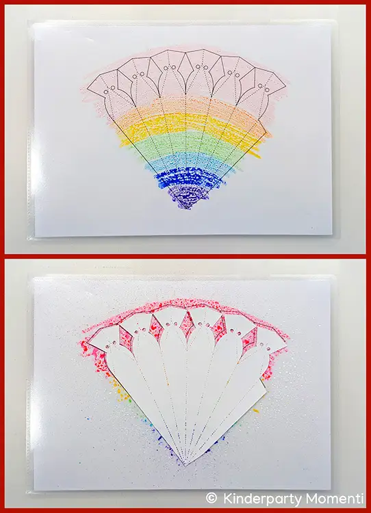 Zwei Bilder zeigen die Arbeitsschritte zum gestalten von Regenbogen Schultüten