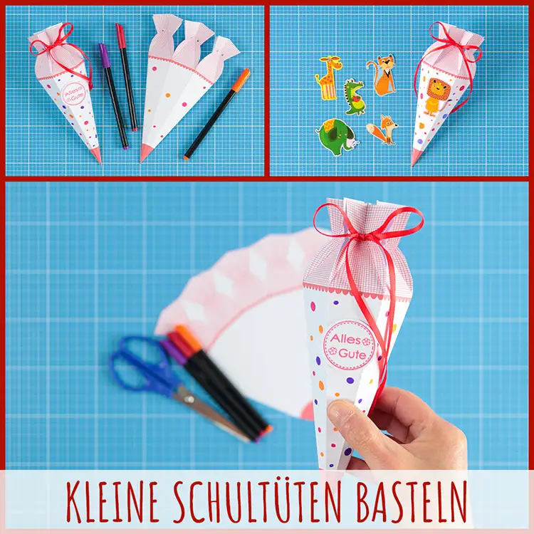 Vorlagen für kleine Schultüten zum Basteln, Malen und Dekorieren Mehrere kleine Schultüten aus Papier mit bunten Punkten, eine davon wird von einer Hand gehalten, daneben liegen Stifte, Schere und ausgeschnittene Tiermotive auf blauem Hintergrund