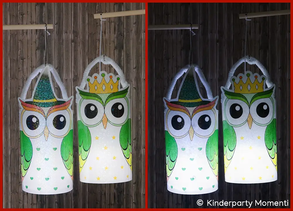 Zwei Bilder mit jeweils zwei grün bemalte Eulen als DIY Laternen aus Papier vor einer Holzwand, links bei Tageslicht, rechts bei Dunkelheit beleuchtet.