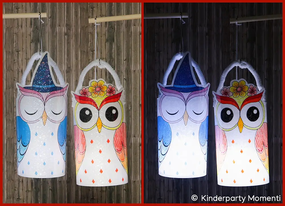 Zwei Bilder mit jeweils zwei blau und orange bemalten Eulen als DIY Laternen aus Papier vor einer Holzwand, links bei Tageslicht, rechts bei Dunkelheit beleuchtet.