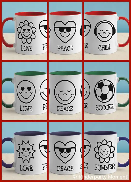 Drei weiße Tassen mit farbigen Henkeln und Innenflächen, jede mit drei schwarz-weißen Symbolen und englischen Worten: Herz mit Sonnenbrille und 'Peace', lachende Sonne mit 'Love', lächelndes Gesicht mit 'Peace', Fußball mit 'Soccer', lächelnde Blume mit 'Summer' und lächelndes Gesicht mit Kopfhörern und 'Chill'