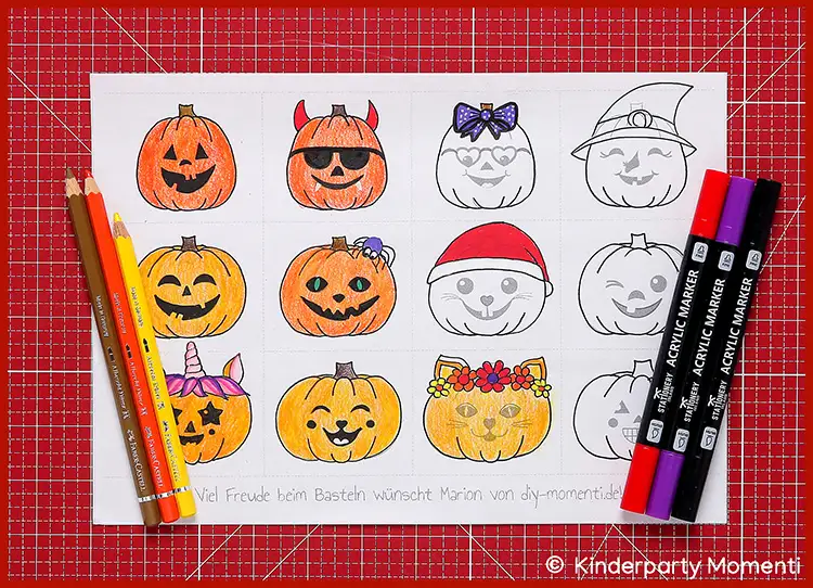 Lustige Kürbis Aufkleber zum Ausmalen Blatt mit zwölf gezeichneten Halloween-Kürbissen in vier Reihen und drei Spalten, einige bunt ausgemalt, daneben drei Buntstifte und drei Acrylmarker auf roter Schneideunterlage