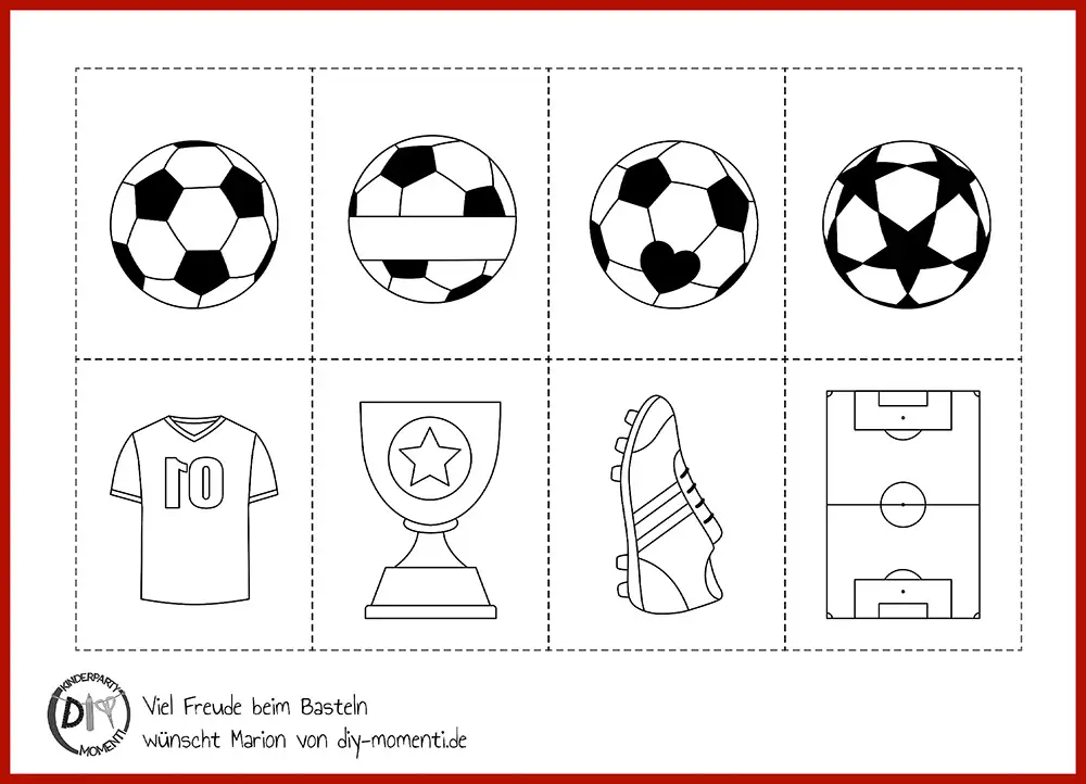 Ausdruckbare Vorlagen mit Fußball Motiven Schwarz-weiße Malvorlage mit Fußballmotiven zum Nachmalen, darunter Trikot, Pokal, Fußballschuh und Spielfeld