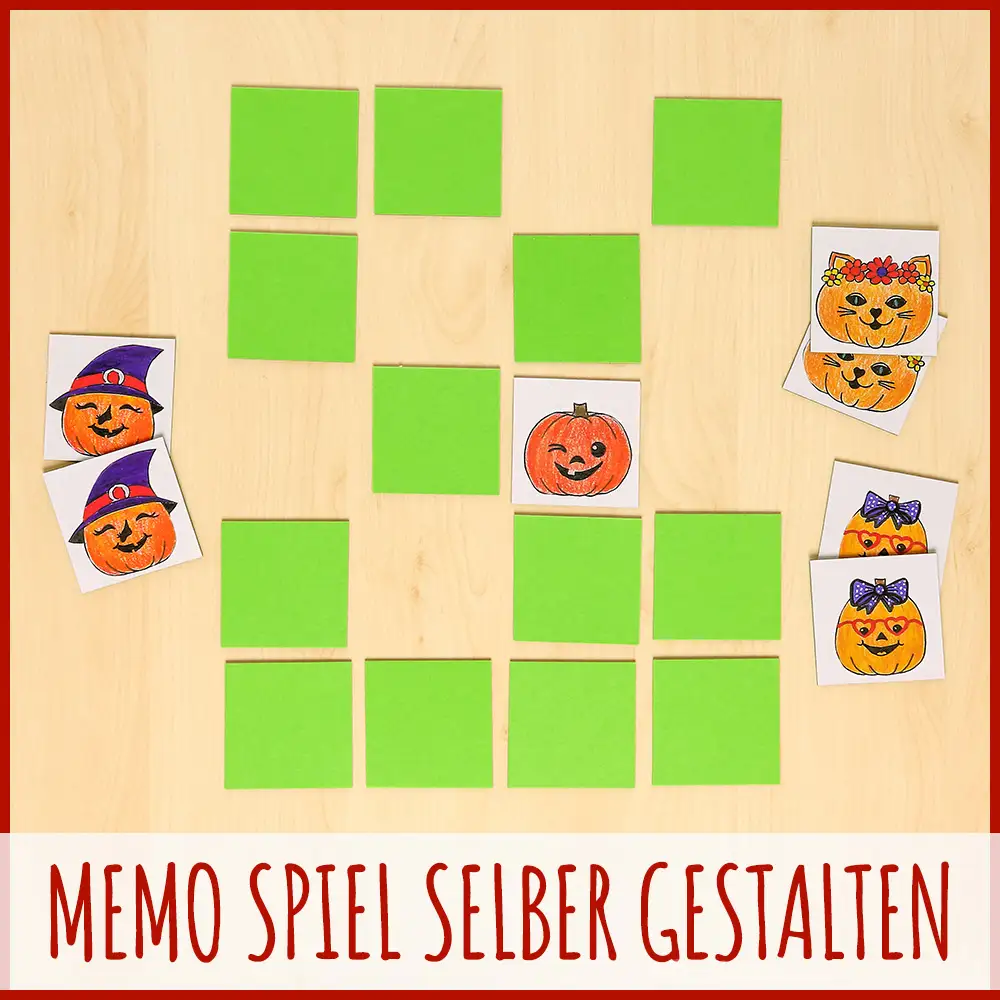 Memo-Spiel mit grünen Kartenrückseiten und aufgedeckten Karten mit Halloween-Kürbissen auf hellem Holzhintergrund
