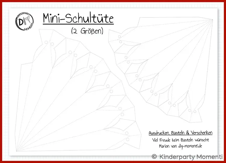 Schwarz-weiße Vorlage mit zwei schematischen Umrissen von Mini-Schultüten zum Ausdrucken und Basteln