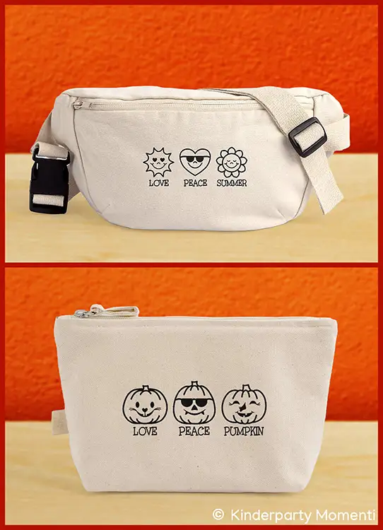 Beige Gürteltasche mit schwarzen Symbolen Sonne, Friedenstaube und Blume mit den Worten 'Love Peace Summer' sowie beige Tasche mit schwarzen Kürbissen und den Worten 'Love Peace Pumpkin'