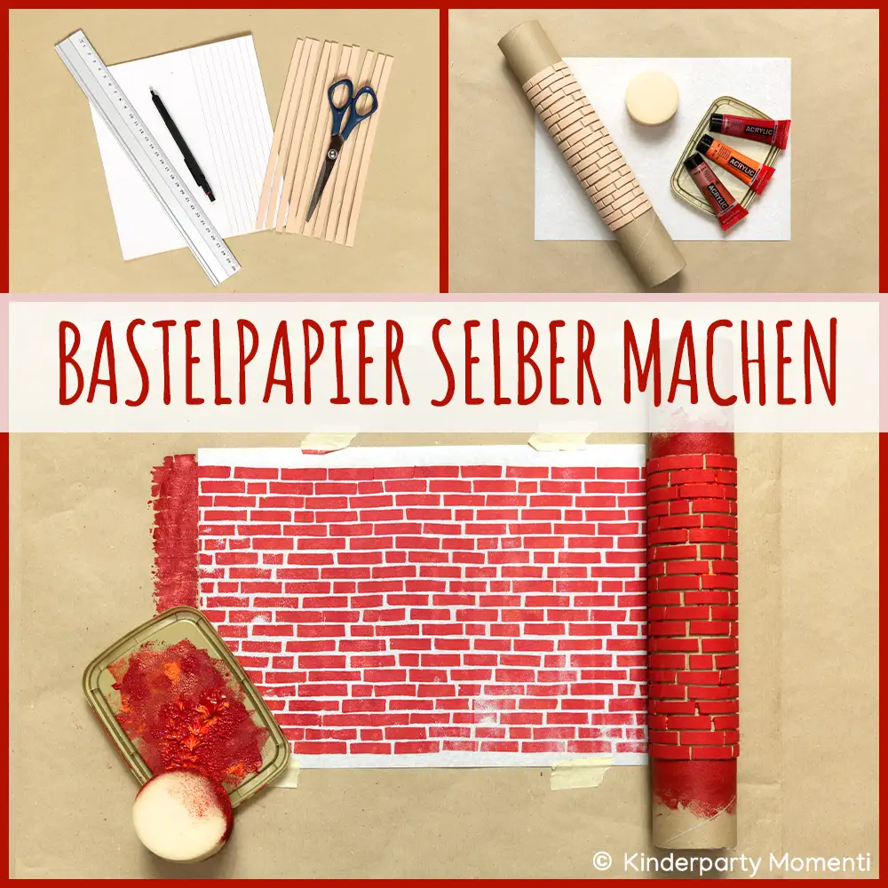 Drei Fotos zeigen Bastelmaterialien für Moosgummi Stempel mit Backsteinmauer Optik: Lineal, Stift, Schere, Moosgummi, Acrylfarben, Schwamm und ein mite dem Stempel bedrucktes Papier.