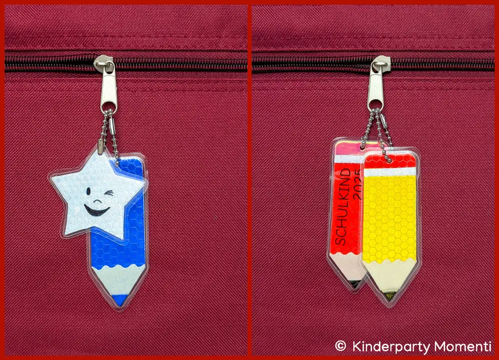 Reflektor Anhänger an Taschen Kleine selbstgebastelte Bleistift Reflektoren Anhänger an einer Schultasche
