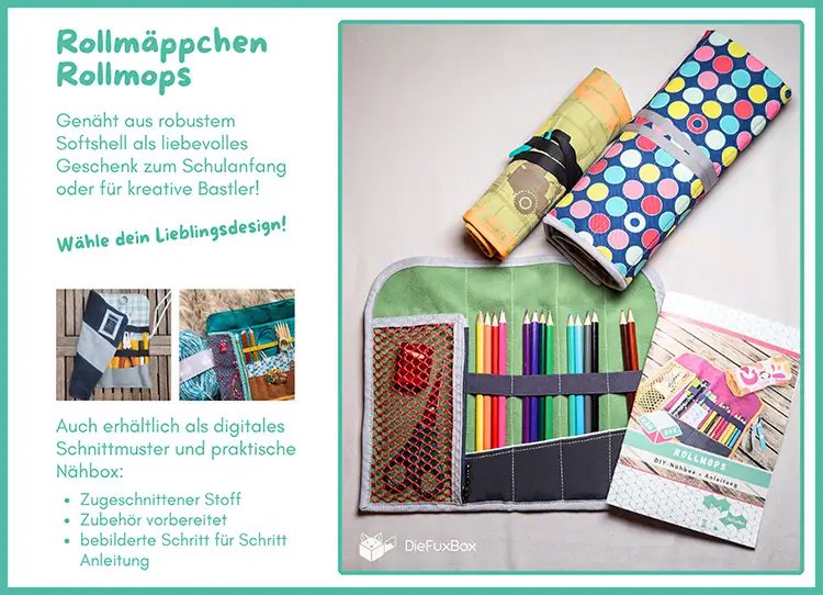 Handgenähtes Rollmäppchen als Schulkind Geschenk Offenes Rollmäppchen mit bunten Stiften und Radiergummi auf hellem Untergrund, daneben zwei zusammengerollte Mäppchen mit buntem Muster und Verpackung mit Aufdruck
