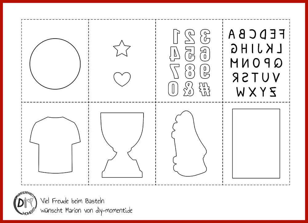 Ausdruckbare Schablonen mit Fußball Motiven Schwarz-weiße Schablonen für Anhänger, darunter Kreis, Stern, Herz, Zahlen, Buchstaben, T-Shirt, Pokal, Kopfprofil und Rechteck,