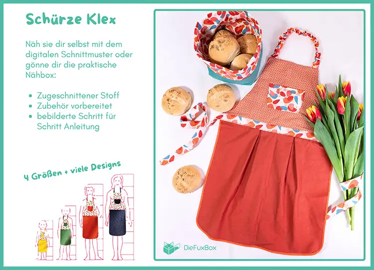Schnittmuster und Nähbox für Kinderschürzen Kinder-Schürze mit buntem Muster und rotem Stoff, daneben ein Brotkorb mit Brötchen und ein Bund Tulpen
