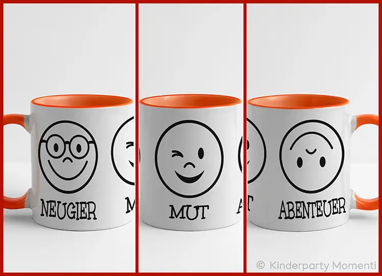 Schulkind Tasse als Einschulung Geschenk Weiße Tasse mit orangefarbenem Henkel und Innenfläche, bedruckt mit drei schwarz-weißen Smiley-Gesichtern und den Worten 'NEUGIER', 'MUT' und 'ABENTEUER'