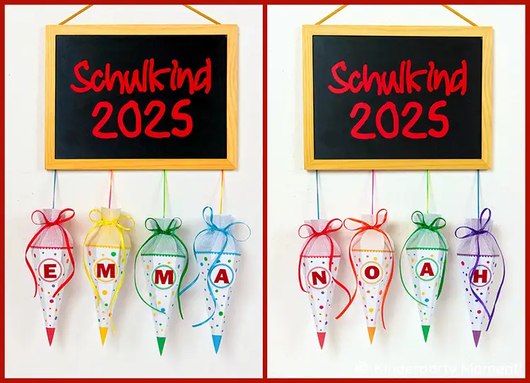 Deko Ideen zum Schultanfang - Namen auf Schultüten kleben Zwei Reihen mit jeweils vier bunten Schultüten unter einer Tafel mit roter Schrift 'Schulkind 2025'